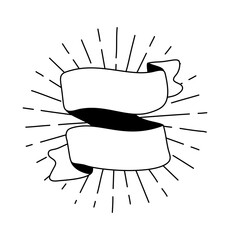 Wall Mural - Line vector black ribbon with sun rays. Banner icon, Web design element. Hand drawn illustration. Place for text for business, greeting card and holidays copy space