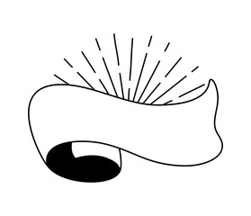 Wall Mural - Line vector black ribbon with sun rays. Banner icon, Web design element. Hand drawn illustration. Place for text for business, greeting card and holidays copy space