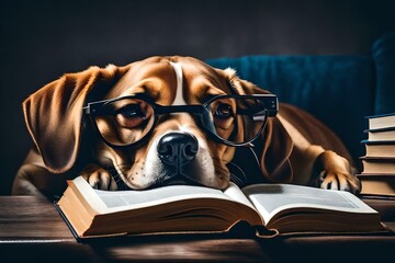 Wall Mural - Happy beautiful dog with reading glasses fell asleep at the table with books generated by AI tool