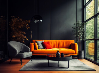 Modern decorative dark grey stone wall background with orange sofa, interior still life. AI Generated