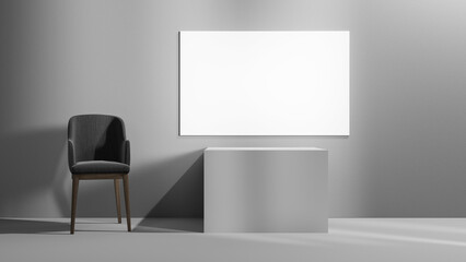 Poster - Gray studio wall with empty block podium and concrete empty gray floor, chair with white empty blank poster mock up hanging on the wall - used for design advertidement and text, white empty place 