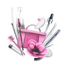 Wall Mural - Cosmetic bag with creams, brushes and makeup products pink with flowers. Watercolor illustration, hand drawn, for a beauty salon, cosmetics manufacturersIsolated composition on a white background