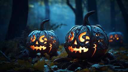 Spooky Halloween Samhain Wicca beautifully carved pumpkins Jack-o'-lanterns in scary wood