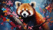 Red Panda With Fantasy Forest Colorful Butterflies And Flowers Background. Generative AI