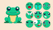 © Flat - Cute frog, set of animal emotions, tiny frog with emoji collocation, sleeping, crying, sad, Bored, happy, excited, lovable, surprised, careless, confident, terrifled, stunned, Flat Vector avatar