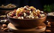 Flying dried fruits and nuts. The mix of dried nuts and raisins in a wooden bowl.