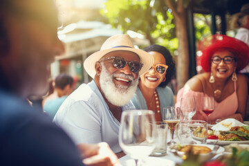 Happy group of senior mix race people having lunch in Amsterdam street restaurant . Life style concept with friends having fun together on summer holiday