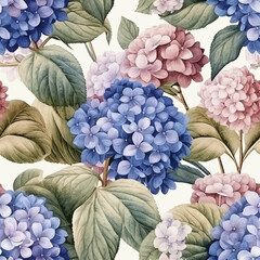 Wall Mural - Seamless vector background with blue hydrangea flowers, vintage watercolor painting style.