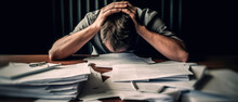 A Stressed Man Holding His Head Looking At Piles Of Documents