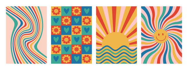 Groovy hippie 70s posters. Funny cartoon flower, rainbow, sun, daisy, heart, waves. Vector cards in trendy retro psychedelic cartoon style. Flower power. Vector Set of bright backgrounds pattern