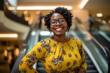 Portrait of a smiling young african woman standing on escalator at shopping mall