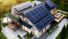 A View From Above Of A Home With Solar Photovoltaic Panels On The Roof Providing Clean Power, Ai Generated Image