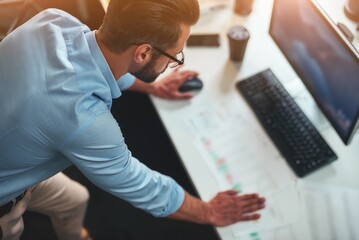 Work hard. Young bearded businessman in eyeglasses and formal wear using computer while standing in the modern office