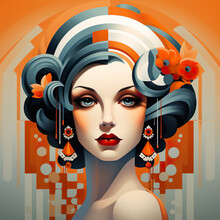 Young Fashion Woman, Retro Style. Surreal Abstract Geometry, Art Deco, Generative AI