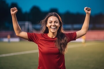 Sticker - Portrait of happy young woman with arms raised celebrating on soccer field