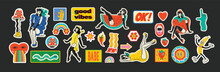 Groovy Hippie Love Stickers Set. Comic Happy Retro Girls, Geometric Stickers, Characters In Trendy Retro 60s 70s Cartoon Style. Vintage Vector Illustrations.