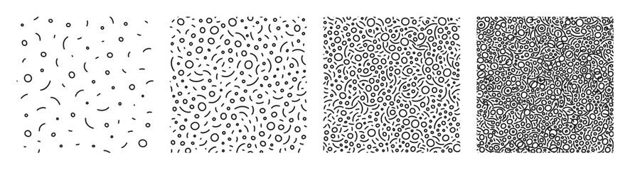 Poster - Black linear circles and arcs background, seamless patterns. Vector simple repeatable backdrop set. Minimalistic wallpapers.