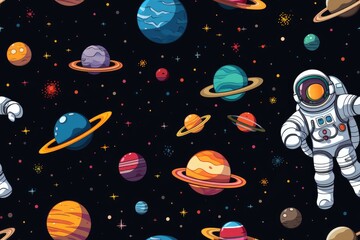 Wall Mural - seamless pattern with cartoon space astronaut, planets, stars. generative ai