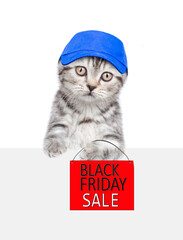Poster - Cat wearin blue cap holds signboard with labeled 