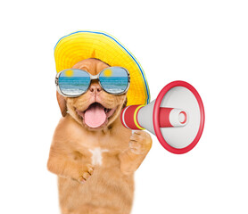 Aufkleber - Happy puppy with mirrored sunglasses and summer hat screaming into a megaphone. isolated on white background