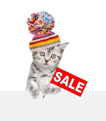 Poster - Kitten wearing warm winter hat shows signboard with labeled 