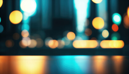 Poster - Cityscape bokeh background featuring vibrant blue and orange lights.  Reflective surface in the foreground as focal point. copyspace for product of text design element. 