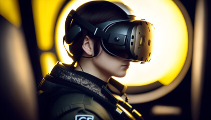 Poster - Young Woman in VR: A young woman wearing a VR headset, fully immersed in a neon yellow sci-fi virtual reality environment, exploring futuristic universe. VR headset sci-fi background. Virtual reality.