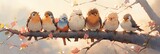 Fototapeta  - Cute flock of colorful birds on the tree branch. Generative AI