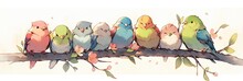 Cute Flock Of Colorful Birds On The Tree Branch. Generative AI