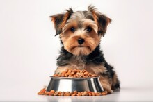 A Dog Lying Next To The Bowl With Dog Dry Food On White Background, Kibble Formula, Looking To The Camera And Begging For Food. Pet Food Advertising. Image Created Using Artificial Intelligence