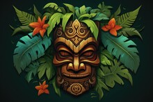 Illustration Of A Tropical Tiki Mask. Symbol Of A Wild Tribe In The Jungle.