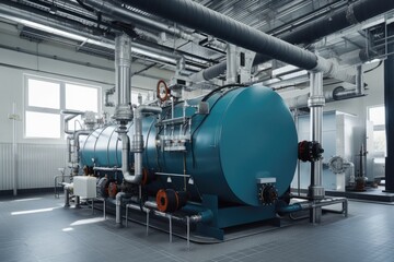 Poster - Modern boiler room with gas boilers, industrial heating. Generative AI