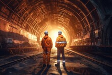 Architect And Engineer Wearing Safety Underground Construction Supervisor Checking The Transport Pipe Tunnel Boring Machine For The Subway. Construction Teamwork Concept. Generative Ai