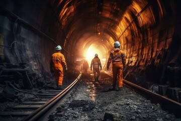 A Team of Construction workers wearing safety gear working underground in the joint subway tunnel construction teamwork concept. Generative Ai