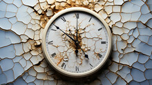 An Intense Portrayal Of Relentless Passage Of Time - A Damaged Wall Clock Surrounded By Cracks, Encapsulating The Inexorable March Of Time, Optimized For 16:9 High-resolution Display. Ai Generated
