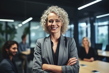 Wall Mural - Portrait of smiling businesswoman standing with arms crossed in modern office