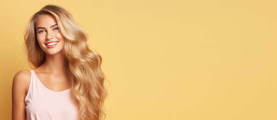 Wall Mural - Smiling young woman with blonde long groomed hair isolated on pastel flat background with copy space. Blonde hair care products banner template, hair salon.