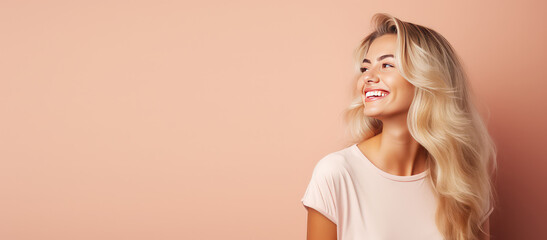 smiling young woman with blonde long groomed hair isolated on pastel flat background with copy space