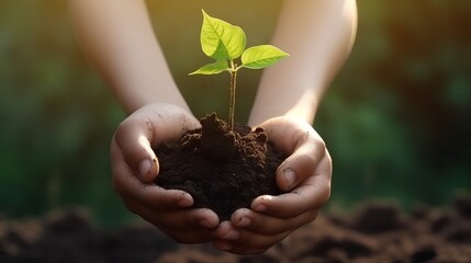 young tree in hands against background of garden