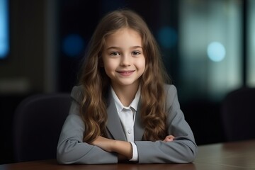 Wall Mural - portrait of a cute little girl in a business suit at the office