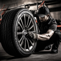 Car tire mechanic.Auto mechanic working in garage and changing wheel  tire.