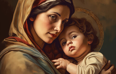 Wall Mural - Holy Mary Mother of God and baby jesus , generative AI	

