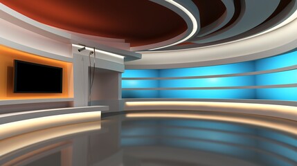 Sticker - Tv Studio. News studio. News room. Background for newscast. Backdrop for video or photo production. Generative AI technology.