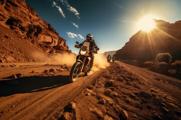 Rider on a cross-country enduro motorcycle go fast at the desert. Enduro racing driver take a corner with a splashes of sands and dust. Drift. Made With Generative AI.