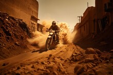 Rider On A Cross-country Enduro Motorcycle Go Fast At The Desert. Enduro Racing Driver Take A Corner With A Splashes Of Sands And Dust. Drift. Made With Generative AI.