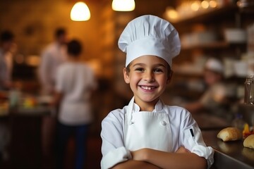 Canvas Print - Portrait of smiling boy standing with arms crossed in kitchen at restaurant