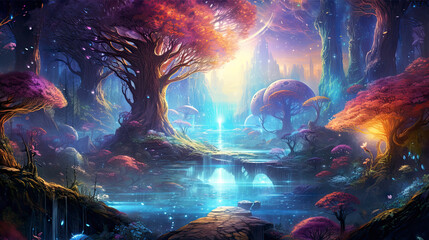Trees, epic fantasy forest, epic landscape, space background, vibrant fantasy city background