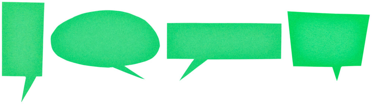 Set of green blank cut out paper cardboard speech bubbles with copy space for text on transparent or white background, png design element