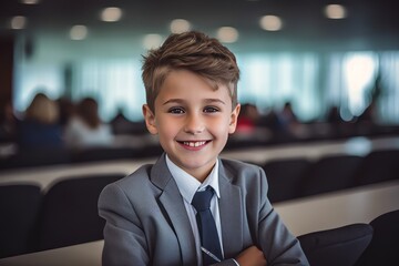 Poster - Portrait of smiling boy with arms crossed in conference hall at school