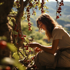 Wall Mural - Young woman picking apricots from an apricot tree. Smiling Young. Woman. Farming. Farm. Apricots. Greenery. Tree. Fruit. Fruits. Agriculture